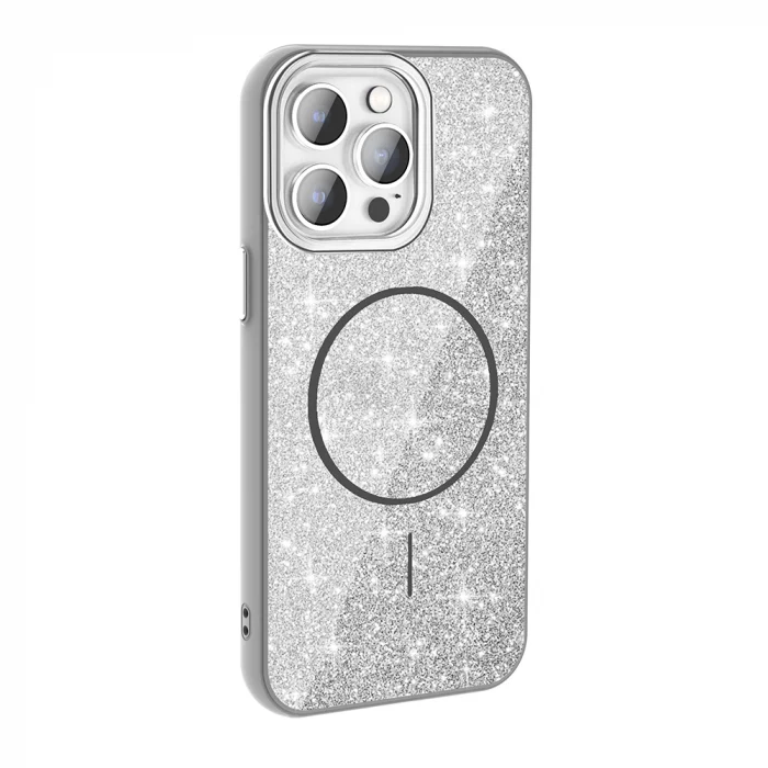 iPhone 14 Pro Max Kılıf M-safe Şarj Özellikli Parlayan Simli Okso Kapak