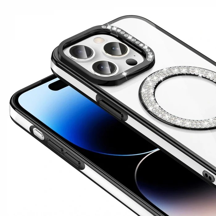 iPhone 14 Pro Max Kılıf Pırlanta Taş Tasarımlı M-safe Şarj Özellikli Karetta Silikon Kapak