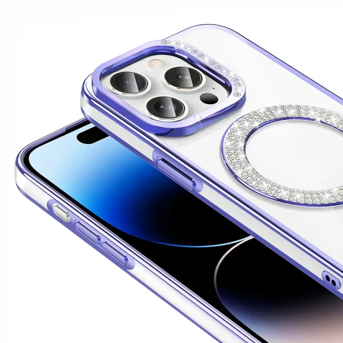 iPhone 14 Pro Max Kılıf Pırlanta Taş Tasarımlı M-safe Şarj Özellikli Karetta Silikon Kapak