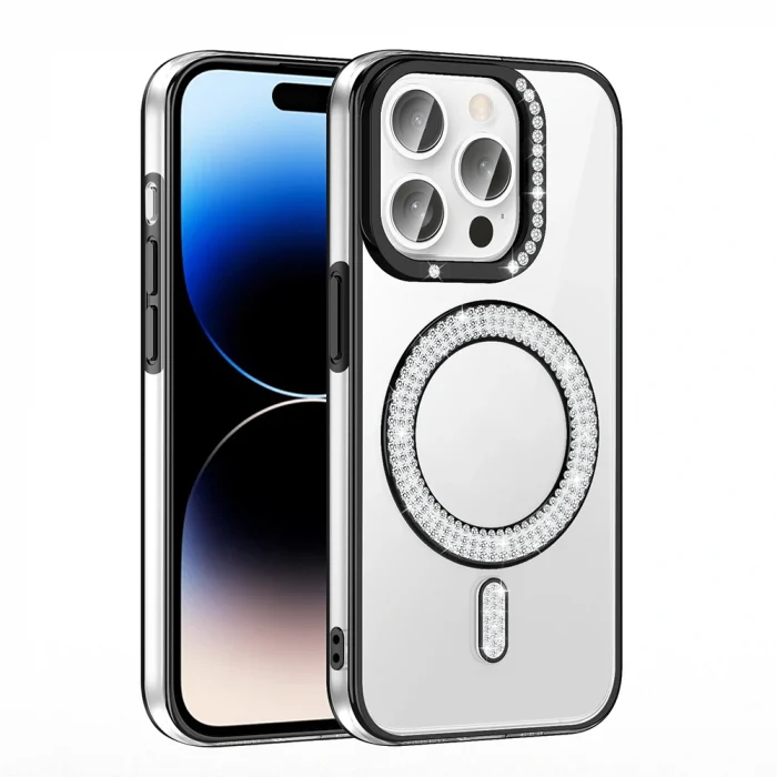 iPhone 14 Pro Max Kılıf Pırlanta Taş Tasarımlı M-safe Şarj Özellikli Karetta Silikon Kapak