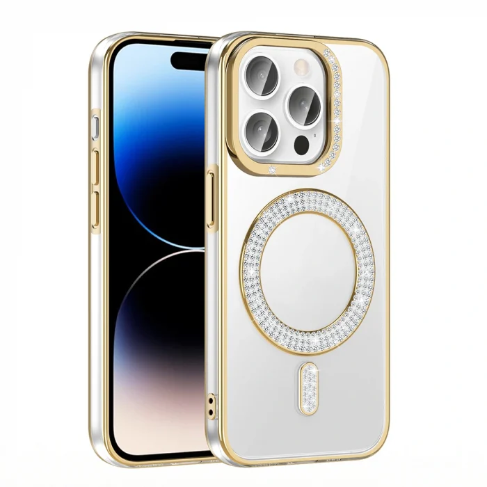 iPhone 14 Pro Max Kılıf Pırlanta Taş Tasarımlı M-safe Şarj Özellikli Karetta Silikon Kapak
