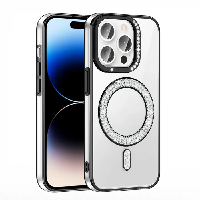 iPhone 14 Pro Max Kılıf Pırlanta Taş Tasarımlı M-safe Şarj Özellikli Karetta Silikon Kapak