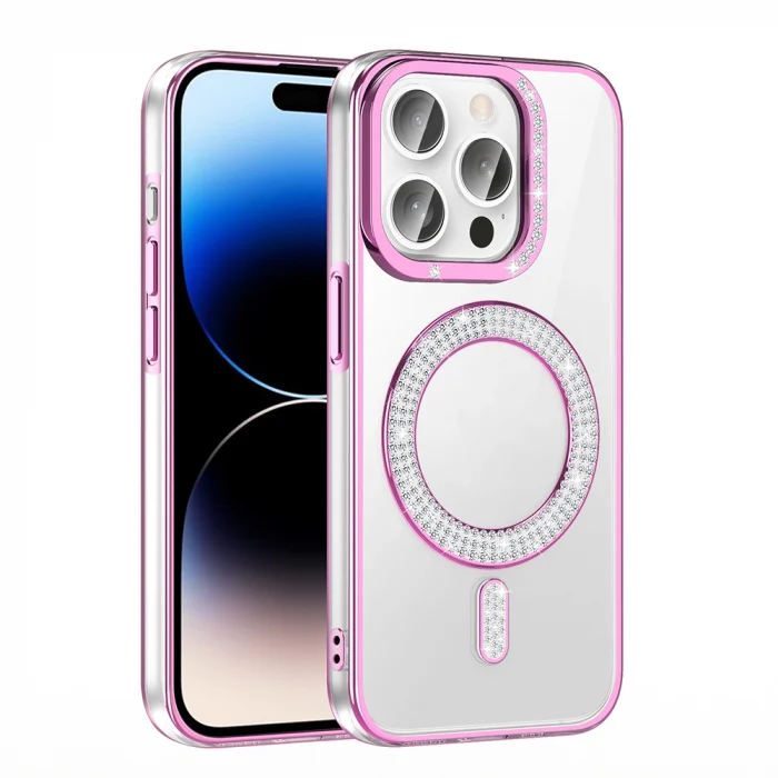 iPhone 14 Pro Max Kılıf Pırlanta Taş Tasarımlı M-safe Şarj Özellikli Karetta Silikon Kapak