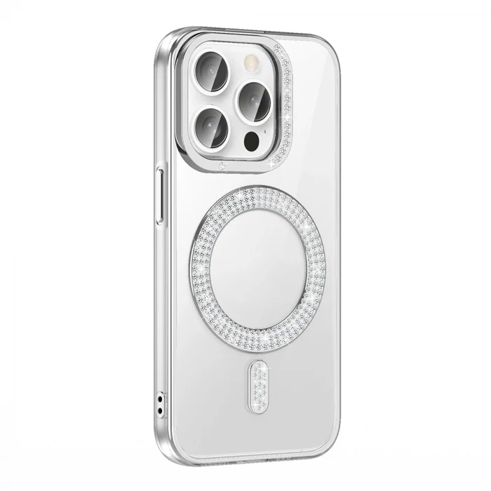 iPhone 14 Pro Max Kılıf Pırlanta Taş Tasarımlı M-safe Şarj Özellikli Karetta Silikon Kapak