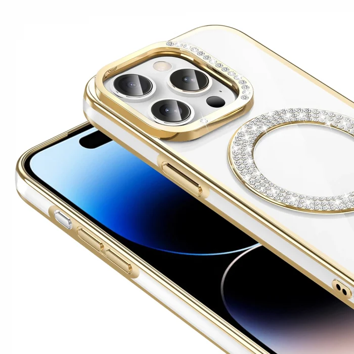 iPhone 14 Pro Max Kılıf Pırlanta Taş Tasarımlı M-safe Şarj Özellikli Karetta Silikon Kapak