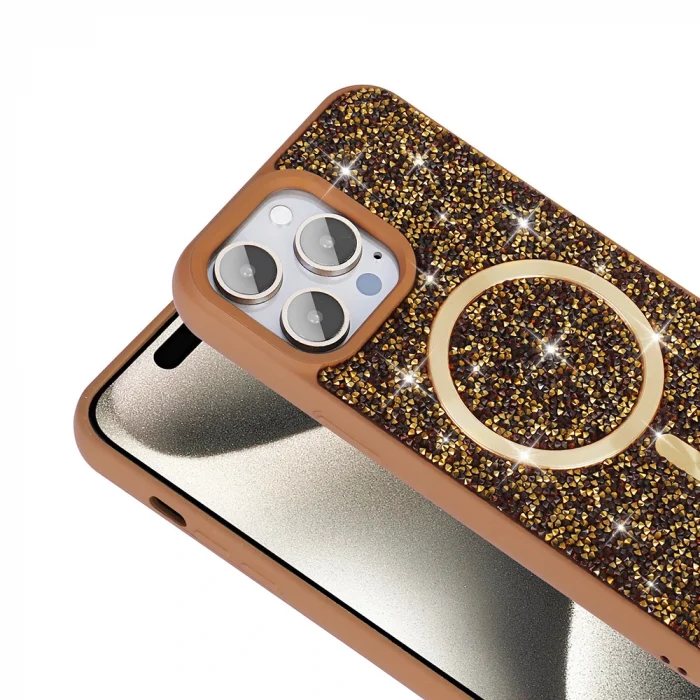 iPhone 14 Pro Max Kılıf Pırlanta Tasarımlı M-safe Şarj Özellikli Mozaik Silikon Kapak