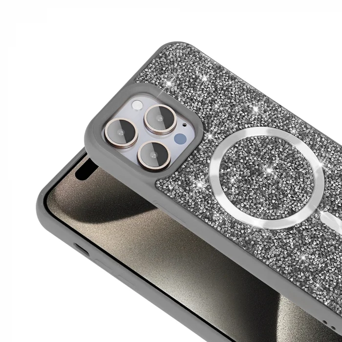 iPhone 14 Pro Max Kılıf Pırlanta Tasarımlı M-safe Şarj Özellikli Mozaik Silikon Kapak