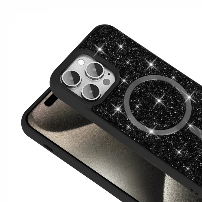 iPhone 14 Pro Max Kılıf Pırlanta Tasarımlı M-safe Şarj Özellikli Mozaik Silikon Kapak