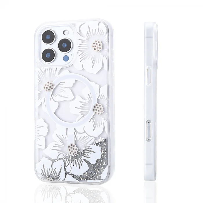 iPhone 14 Pro Max Kılıf Sıvılı Simli Baskılı Şeffaf Arka Yüzey Mossa Silikon Kapak