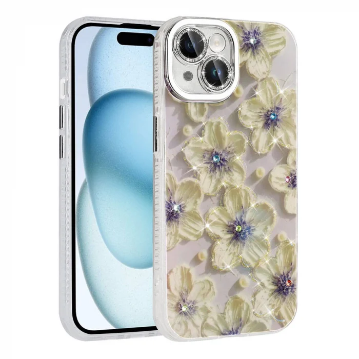 iPhone 15 Kılıf Çiçek Desenli Parlak Taşlı Sert Silikon Garden Kapak