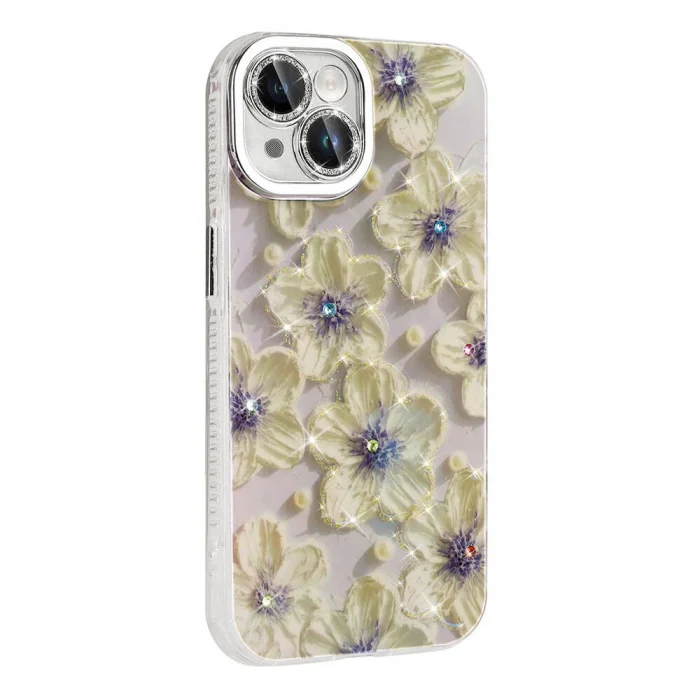 iPhone 15 Kılıf Çiçek Desenli Parlak Taşlı Sert Silikon Garden Kapak