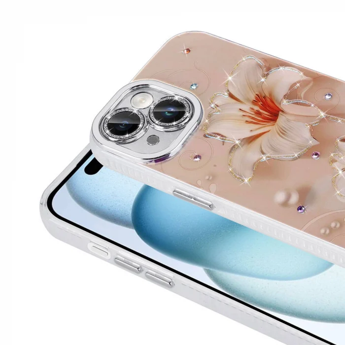 iPhone 15 Kılıf Çiçek Desenli Parlak Taşlı Sert Silikon Garden Kapak