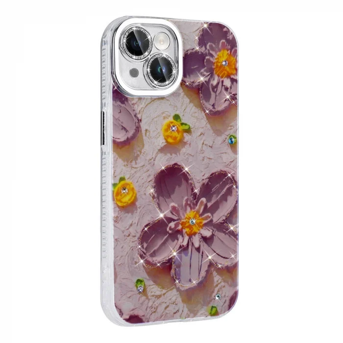 iPhone 15 Kılıf Çiçek Desenli Parlak Taşlı Sert Silikon Garden Kapak