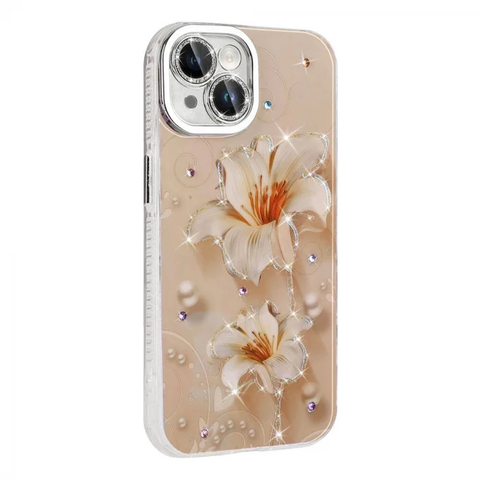 iPhone 15 Kılıf Çiçek Desenli Parlak Taşlı Sert Silikon Garden Kapak