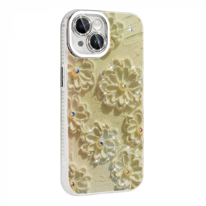 iPhone 15 Kılıf Çiçek Desenli Parlak Taşlı Sert Silikon Garden Kapak