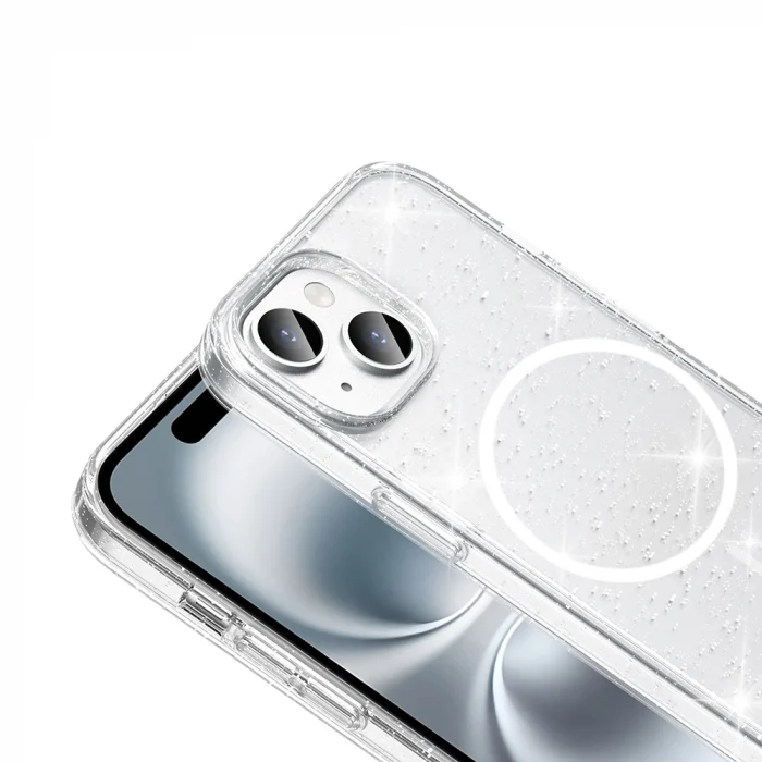 iPhone 15 Kılıf M-safe Şarj Özellikli Parlayan Simli Saydam Renkli Maris Kapak