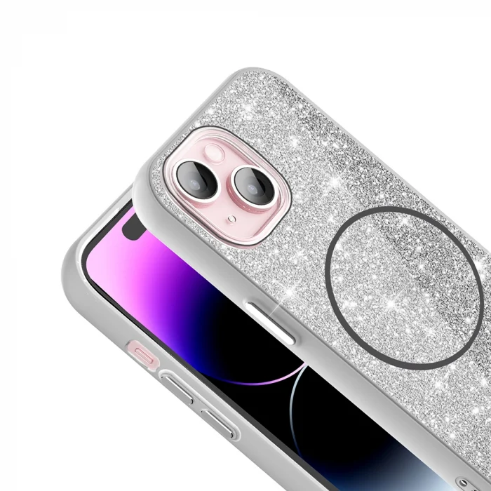 iPhone 15 Kılıf M-safe Şarj Özellikli Parlayan Simli Okso Kapak