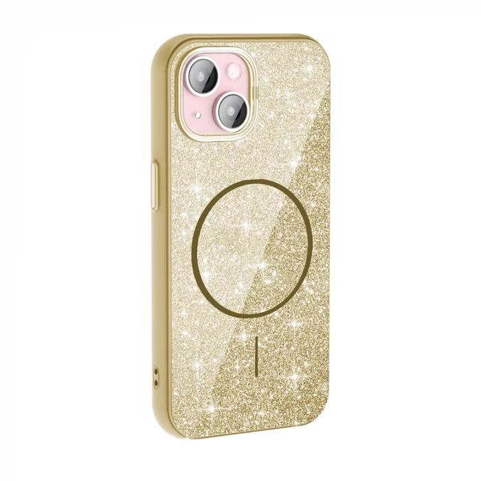 iPhone 15 Kılıf M-safe Şarj Özellikli Parlayan Simli Okso Kapak