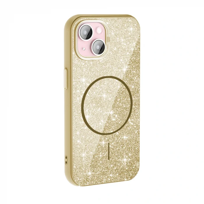 iPhone 15 Kılıf M-safe Şarj Özellikli Parlayan Simli Okso Kapak