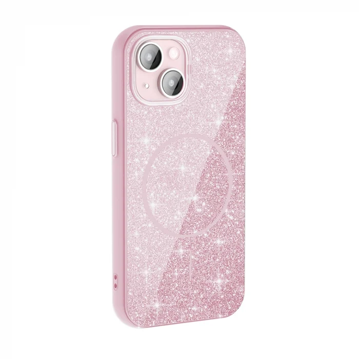 iPhone 15 Kılıf M-safe Şarj Özellikli Parlayan Simli Okso Kapak