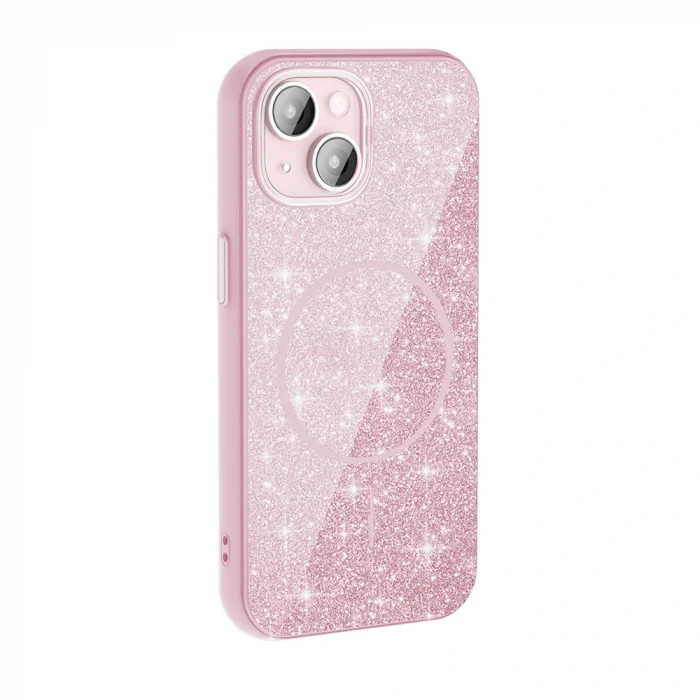 iPhone 15 Kılıf M-safe Şarj Özellikli Parlayan Simli Okso Kapak