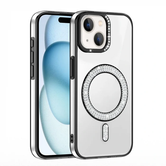 iPhone 15 Kılıf Pırlanta Taş Tasarımlı M-safe Şarj Özellikli Karetta Silikon Kapak