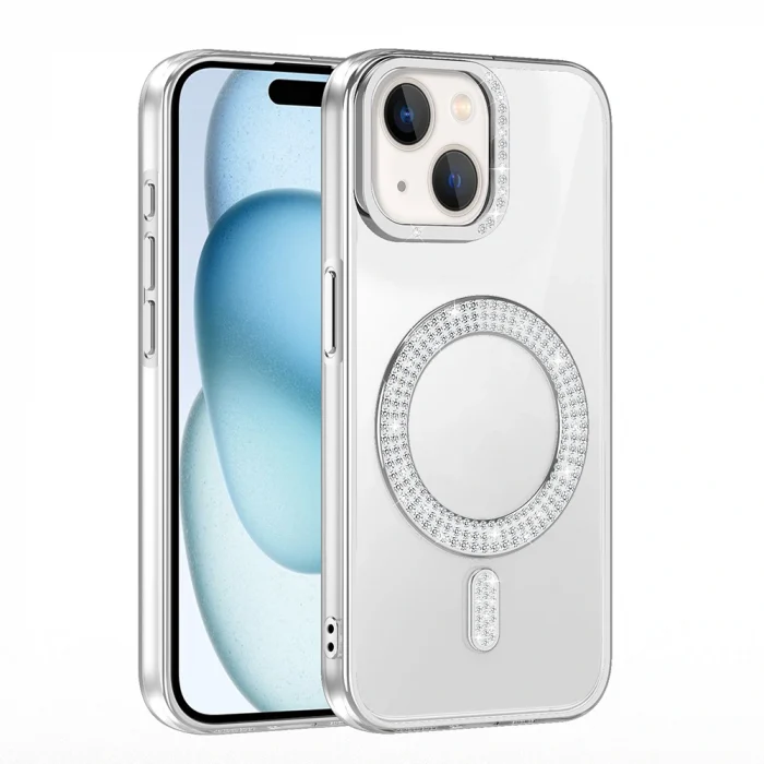 iPhone 15 Kılıf Pırlanta Taş Tasarımlı M-safe Şarj Özellikli Karetta Silikon Kapak