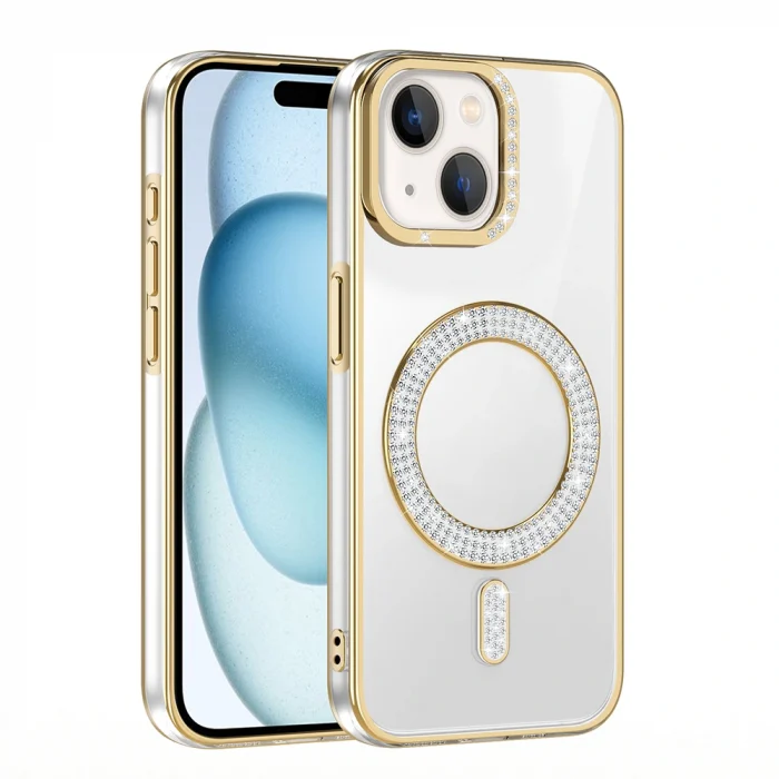 iPhone 15 Kılıf Pırlanta Taş Tasarımlı M-safe Şarj Özellikli Karetta Silikon Kapak