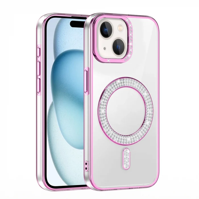 iPhone 15 Kılıf Pırlanta Taş Tasarımlı M-safe Şarj Özellikli Karetta Silikon Kapak