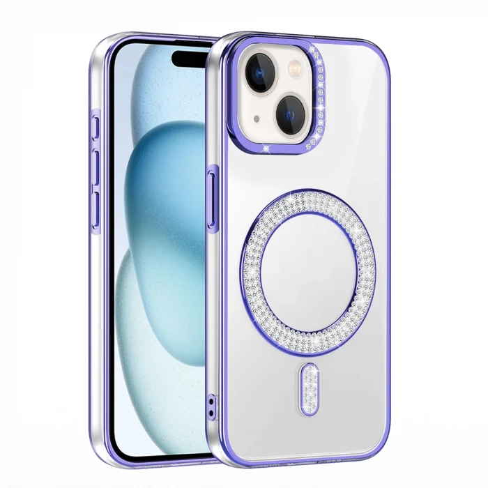 iPhone 15 Kılıf Pırlanta Taş Tasarımlı M-safe Şarj Özellikli Karetta Silikon Kapak