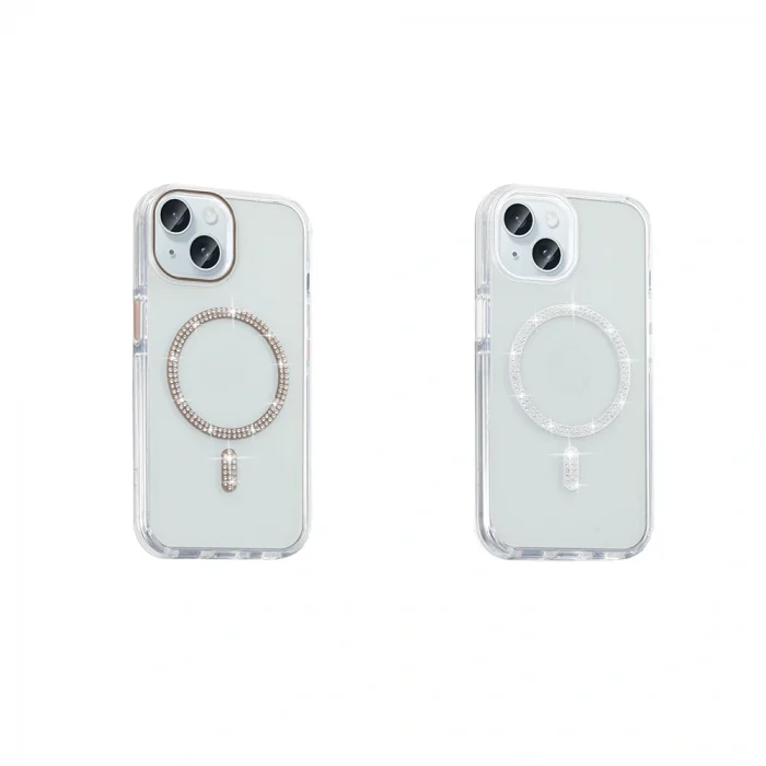 iPhone 15 Kılıf Taşlı Tasarım M-safe Şarj Özellikli Koment Silikon Kapak