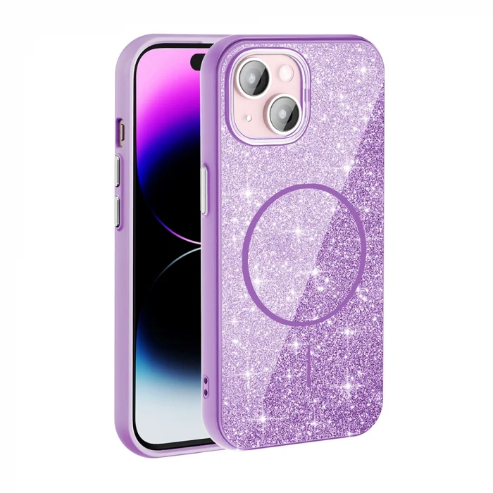 iPhone 15 Plus Kılıf M-safe Şarj Özellikli Parlayan Simli Okso Kapak