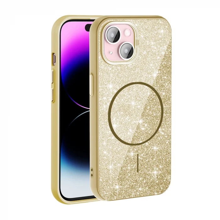 iPhone 15 Plus Kılıf M-safe Şarj Özellikli Parlayan Simli Okso Kapak