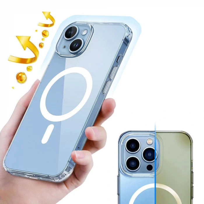 iPhone 15 Plus Kılıf M-safe Şarj Özellikli Şeffaf Sert PC Embos Kapak