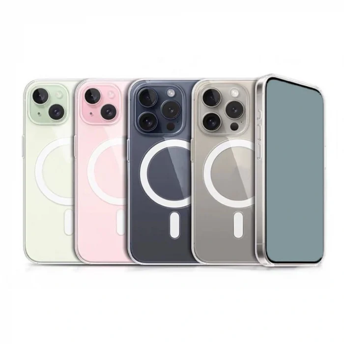 iPhone 15 Plus Kılıf M-safe Şarj Özellikli Şeffaf Sert PC Embos Kapak