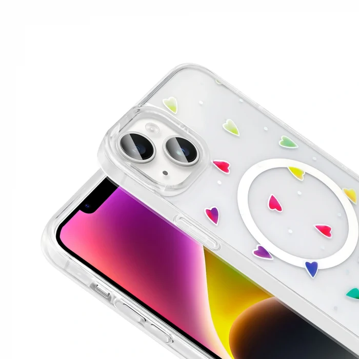 iPhone 15 Plus Kılıf M-Safe Şarj Özellikli Şeffaf Folk Sert Kapak