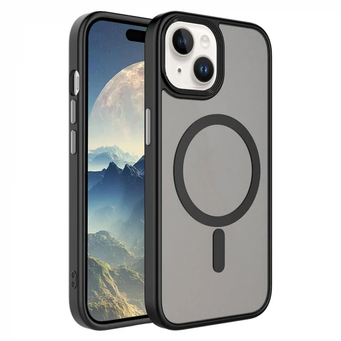 iPhone 15 Plus Kılıf Mat Arka Yüzey Wireless Şarj Özellikli Flet M-safe Kapak