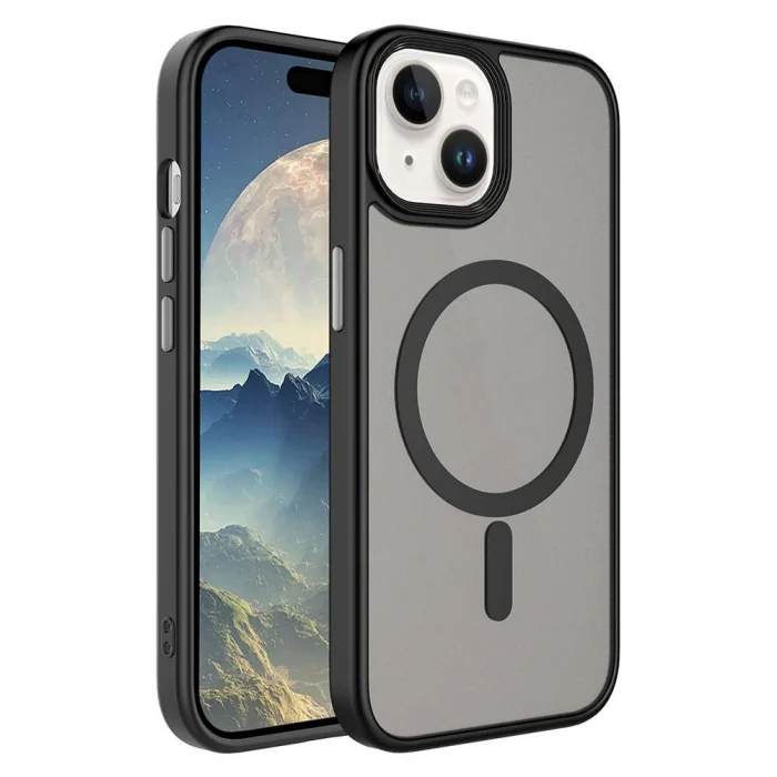 iPhone 15 Plus Kılıf Mat Arka Yüzey Wireless Şarj Özellikli Flet M-safe Kapak