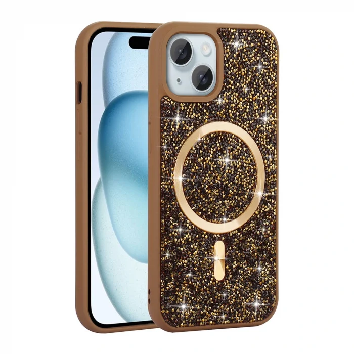 iPhone 15 Plus Kılıf Pırlanta Tasarımlı M-safe Şarj Özellikli Mozaik Silikon Kapak