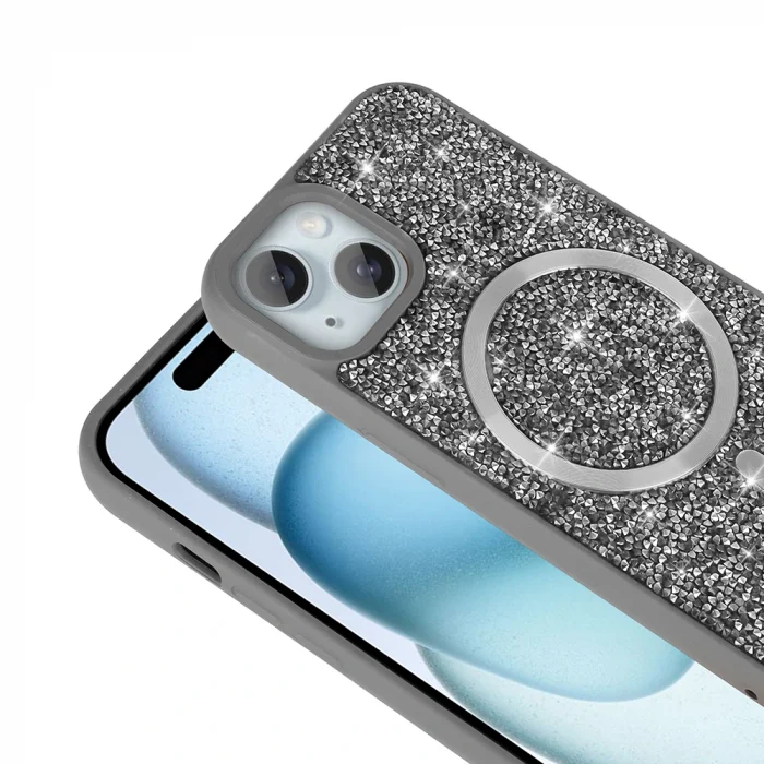 iPhone 15 Plus Kılıf Pırlanta Tasarımlı M-safe Şarj Özellikli Mozaik Silikon Kapak