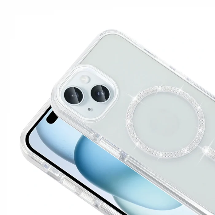 iPhone 15 Plus Kılıf Taşlı Tasarım M-safe Şarj Özellikli Koment Silikon Kapak