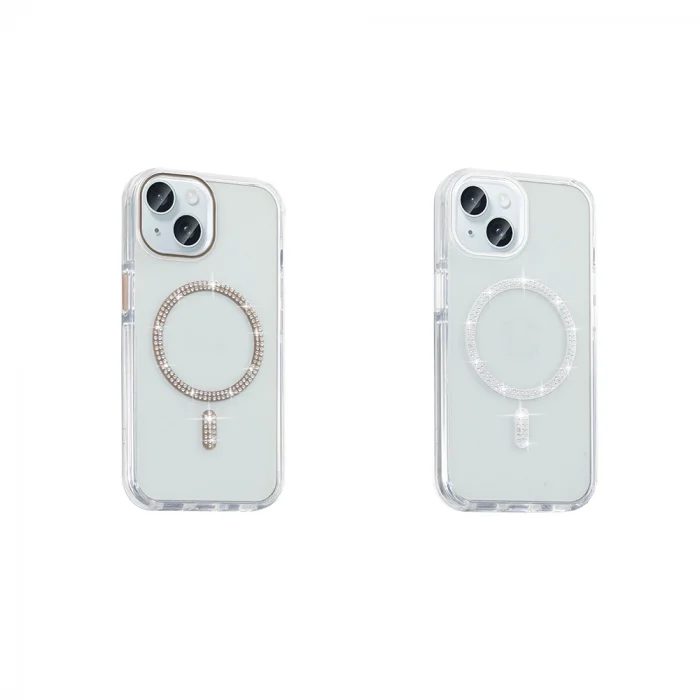 iPhone 15 Plus Kılıf Taşlı Tasarım M-safe Şarj Özellikli Koment Silikon Kapak