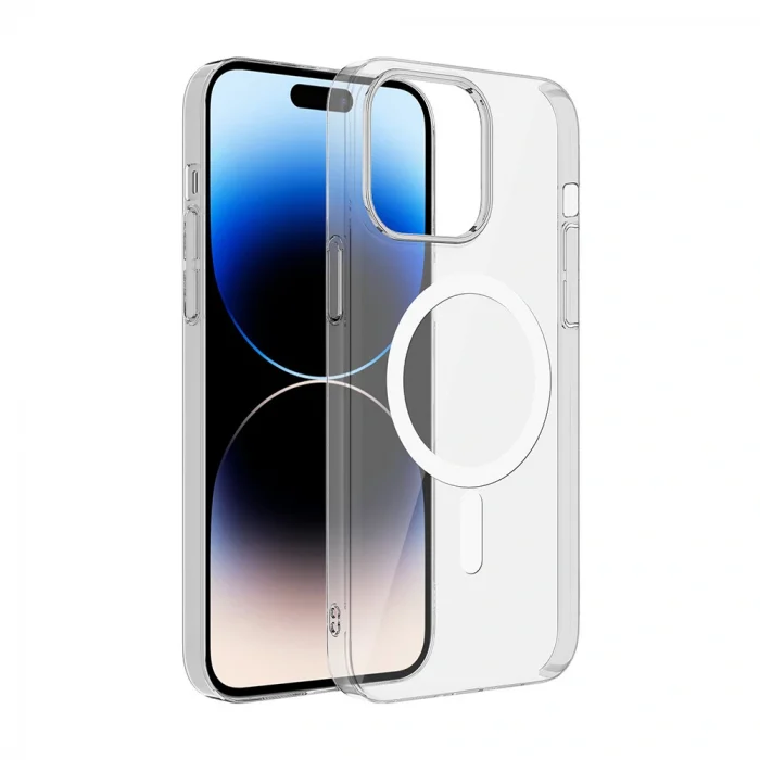 iPhone 15 Plus Kılıf M-safe Şarj Özellikli Şeffaf Tek Kamera Çerçeveli Porto Kapak