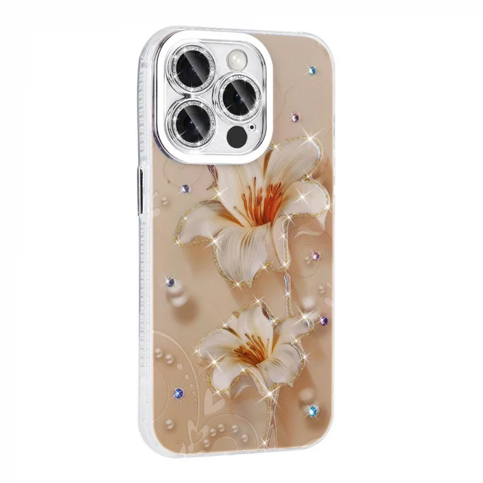 iPhone 15 Pro Kılıf Çiçek Desenli Parlak Taşlı Sert Silikon Garden Kapak