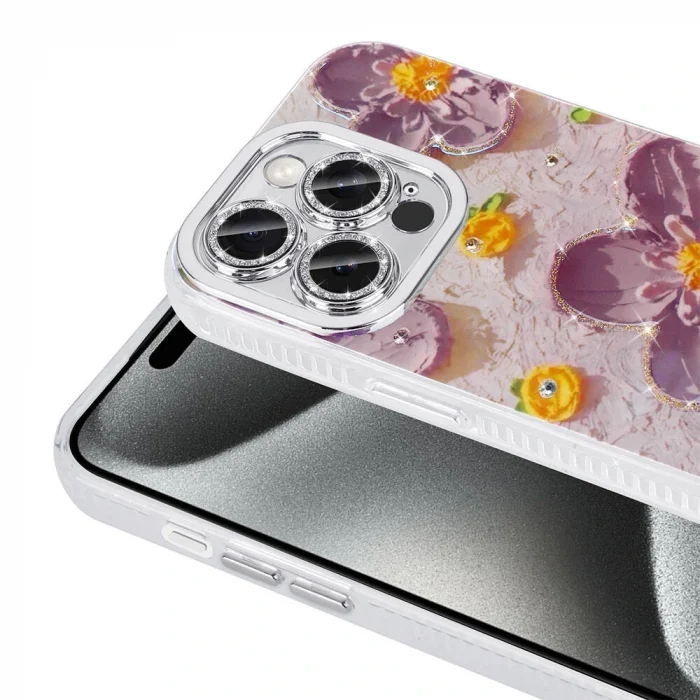 iPhone 15 Pro Kılıf Çiçek Desenli Parlak Taşlı Sert Silikon Garden Kapak