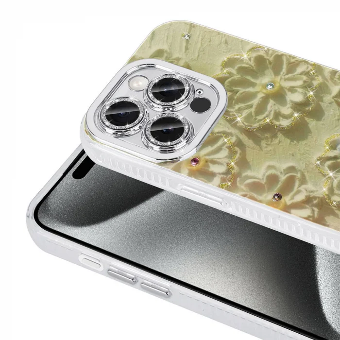 iPhone 15 Pro Kılıf Çiçek Desenli Parlak Taşlı Sert Silikon Garden Kapak