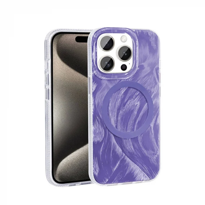 iPhone 15 Pro Kılıf M-safe Şarj Özellikli Fırça Boya Desenli Palet Kapak