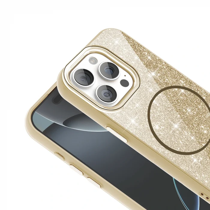 iPhone 15 Pro Kılıf M-safe Şarj Özellikli Parlayan Simli Okso Kapak