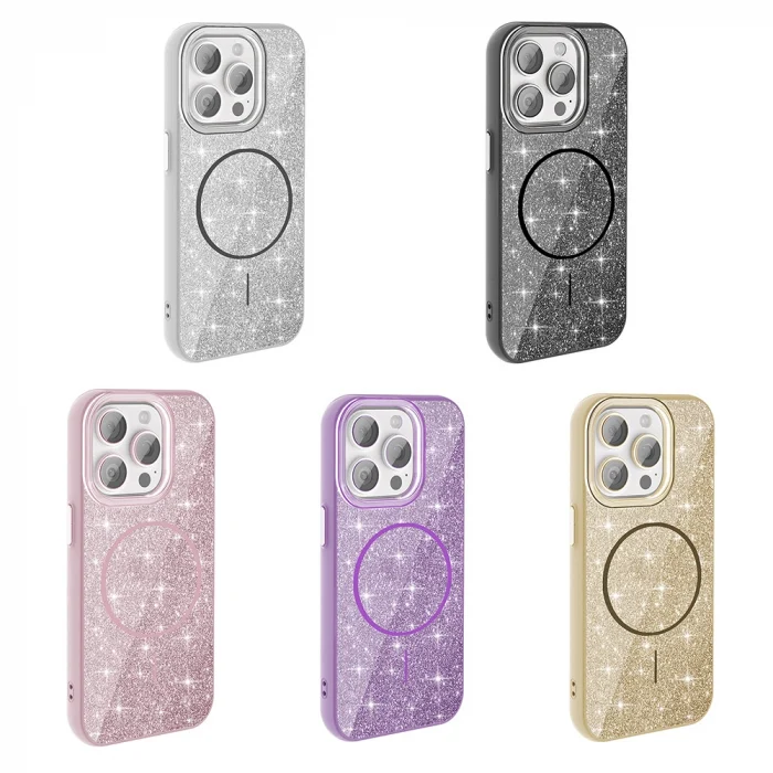 iPhone 15 Pro Kılıf M-safe Şarj Özellikli Parlayan Simli Okso Kapak