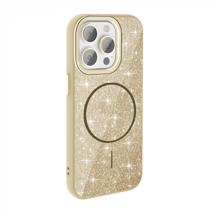 iPhone 15 Pro Kılıf M-safe Şarj Özellikli Parlayan Simli Okso Kapak